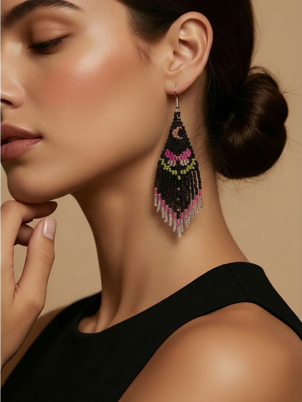 Black Beaded Fringe Earrings with Pink and Lime Accents